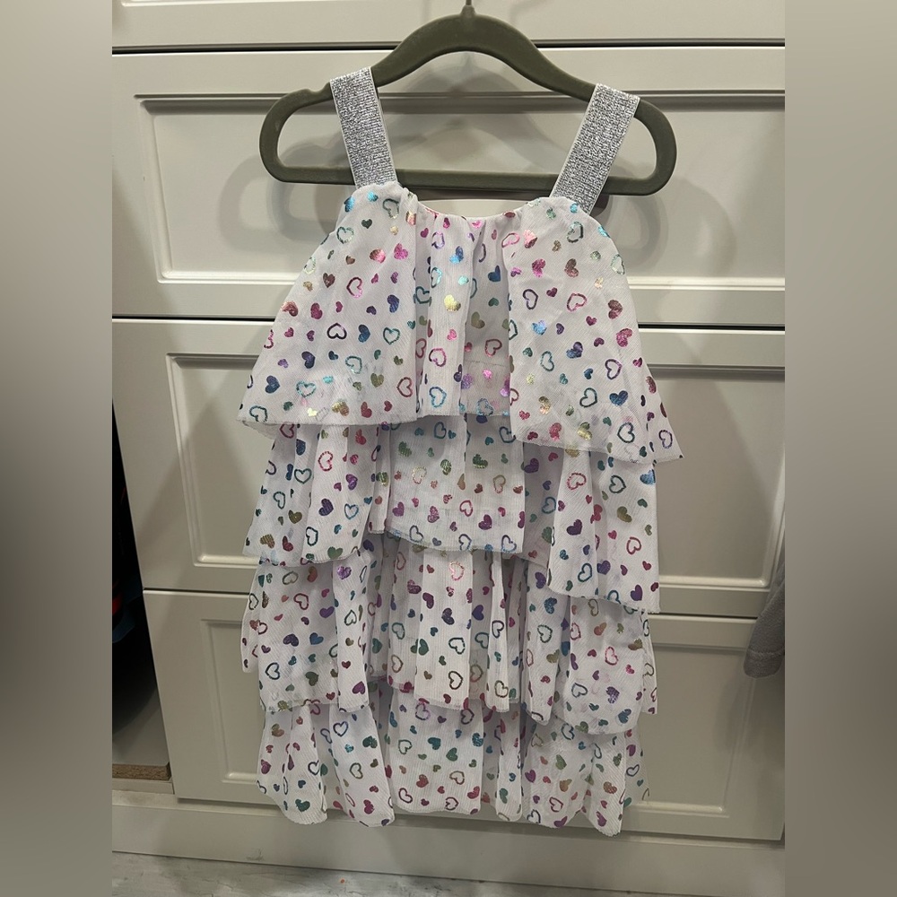 Girls layered tulle colorful Heart Print Dress;size 5; like new